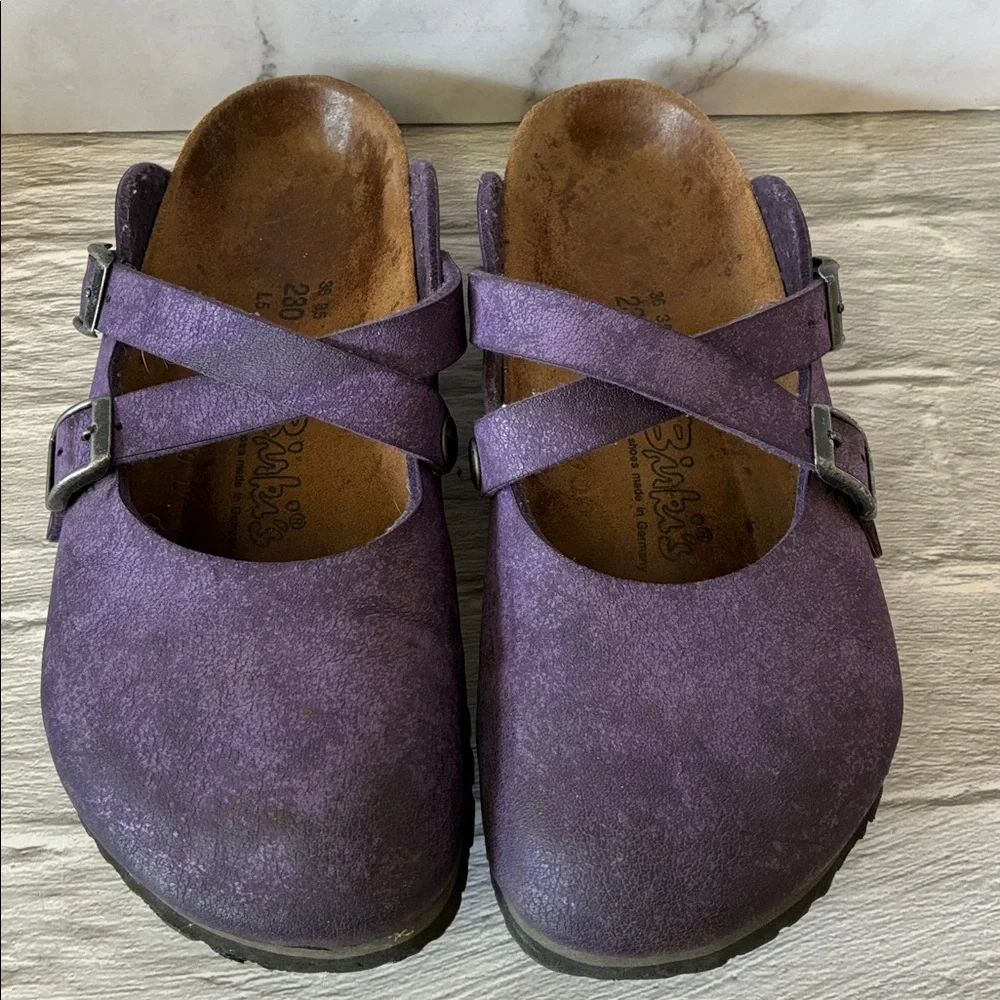 Birkenstock Birki's Dorian Purple Leather Crisscross Clogs Size 36 - Picture 2 of 13
